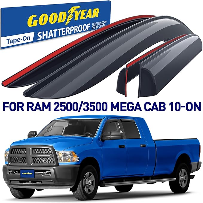 Goodyear Shatterproof Window Deflectors for Dodge Ram 2500/3500 2010-2026 Mega Cab, Tape-on Rain Guards, Window Visors,Vent Deflector Visor, Car Accessories,4 pcs. - GY008515