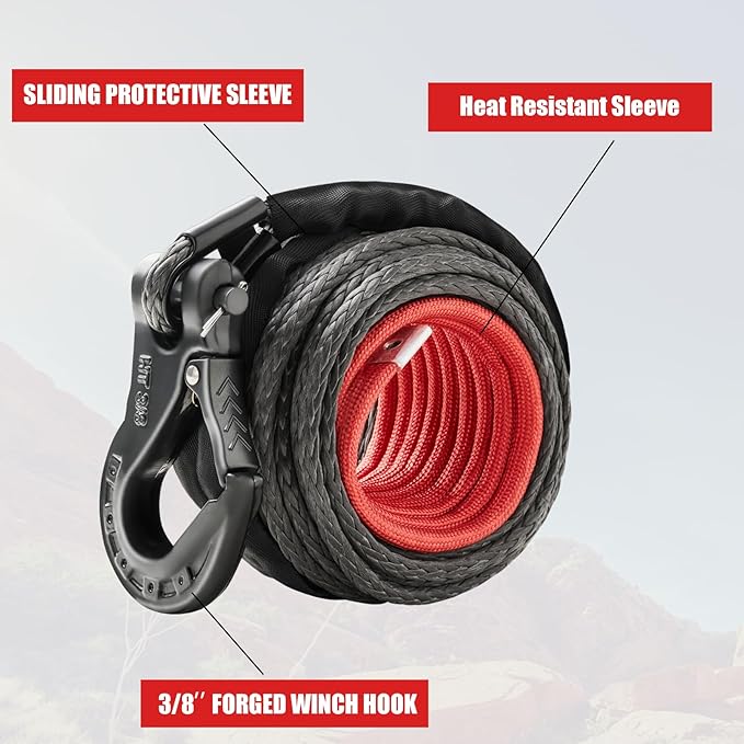 Synthetic Winch Rope Extension 3/8 inch x 80 feet with 24,000 Lbs Strength, Protective Sleeve, Heavy Duty Hook and Safety Pull Strap for Off Road Vehicle SUV Gray