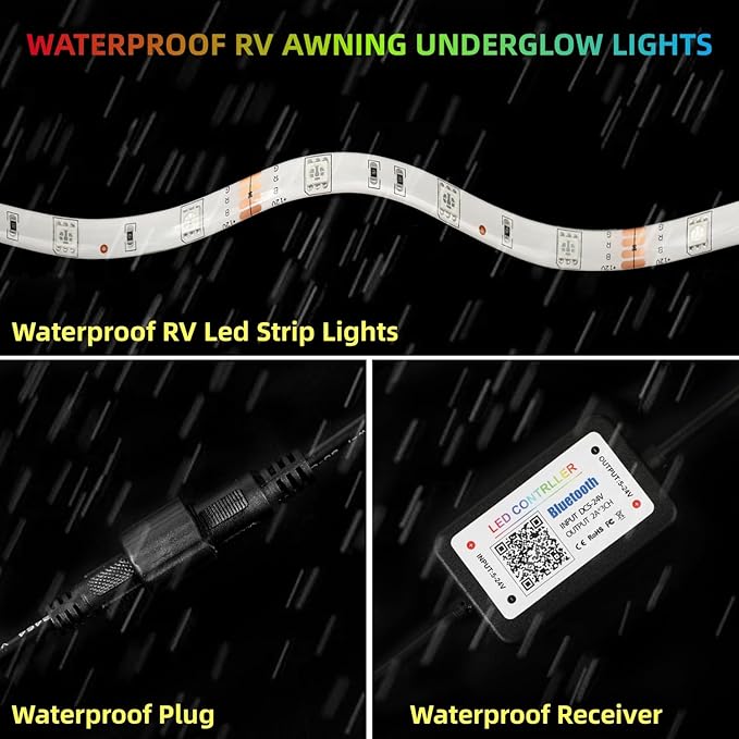 65.6FT RV Awning Lights Strip, 12V Multi-Color RV Underglow Led Lights, Camper Underbody Accent Lighting with APP RF Control for Motorhome Travel Trailer Concession Stands Food Trucks