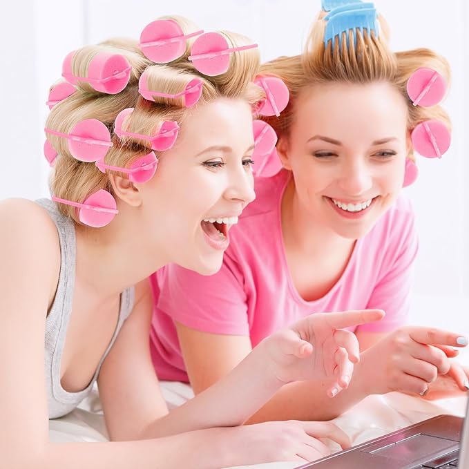 Geyoga 18 Pieces Sponge Hair Rollers Large Soft Foam Hair Styling Curlers Large Size Hairdressing Curlers for Women(Pink,1.9 x 2.6 Inches)