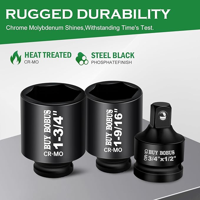 1/2" Drive Impact Socket Set, 9-Piece Standard SAE Deep Axle Nut Sockets, 6-Point, Cr-Mo,1-1/4，1-3/8，1-7/16，1-1/2，1-9/16，1-5/8，1-11/16，1-3/4, Impact Socket Adapter (3/4" x 1/2")