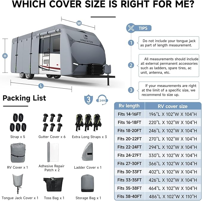 VINPATIO RV Cover : 7 Layers Heavy Duty Travel Trailer Cover, Toy Hauler Cover Fits 33'-35' Camper Cover with Extra Windproof Straps, Tongue Jack Cover, Gutter Covers