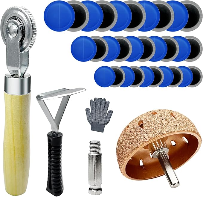 36Pcs Tire Repair Patch Tools Kit Heavy Duty, Tungsten Steel 55 mm Tire Repair Buffing Wheel with 32/42/58mm Tire Patches, Inner Liner Scraper, Tire Patch Roller for Car Motorcycle Bike Grinding