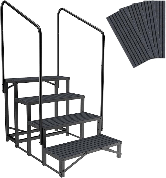 RV Steps with Handrail, 4 Steps RV Stair, Mobile Home Stairs for Camper, Trailer, hot tub, Steps with Non-Slip mat, 660lbs Capacity