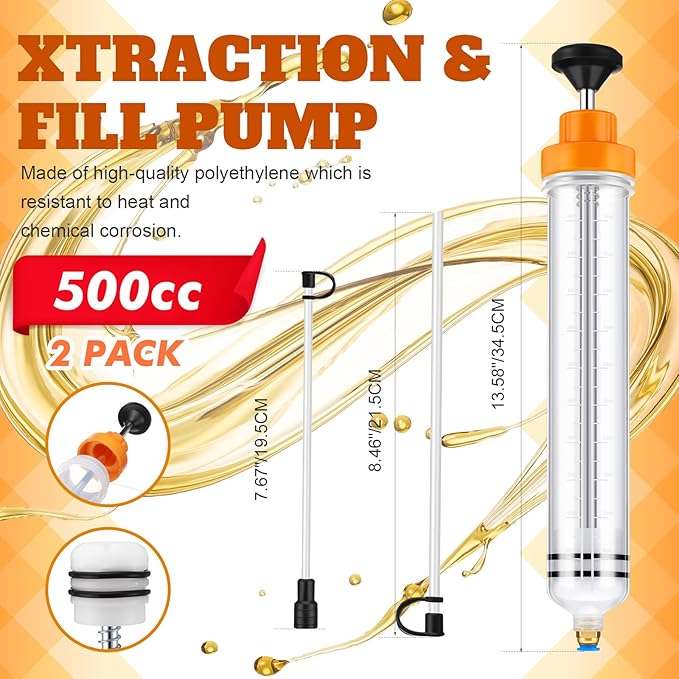 Lothee 2 Pack 500cc Automotive Fluid Extractor Pump Oil Extractor Hand Syringe Pump with Horse Manual Suction Vacuum Fuel Car Transfer for Power Steering, Hydraulic Fluid(Orange)