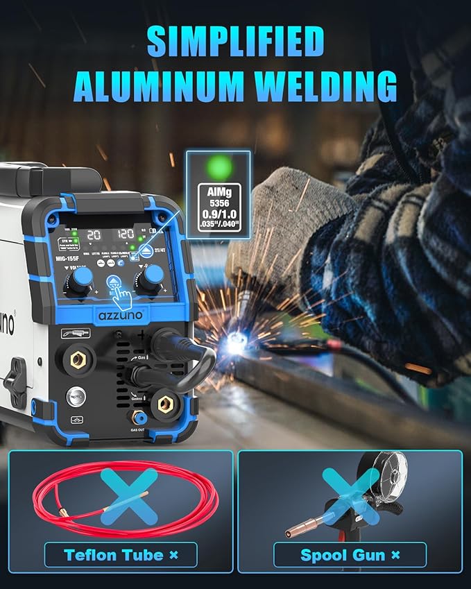 AZZUNO Aluminum 155A MIG Welder 110V/220V, 5-in-1 MIG Welding Machine with Flux Core MIG/Gas MIG/Aluminum MIG/Stick/Lift TIG Welding, Wire Feed Welder Machine