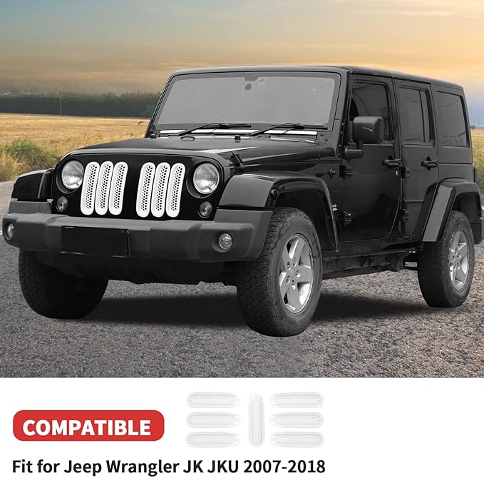 Mesh Grill Insert Grille Inserts Cover Fit for 2007-2018 Jeep Wrangler JK JKU(White)