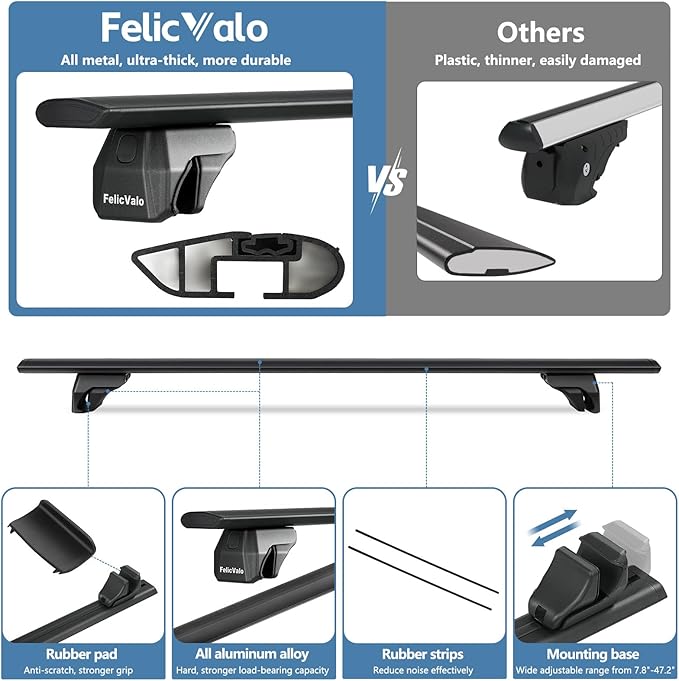 FelicValo 260lbs All-Metal Roof Rack Cross Bars Fit for KIA Telluride X-Line X-Pro 2023 2024 2025 with Raised Side Rails, Heavy Duty Aluminum Extended Crossbars Without Lock