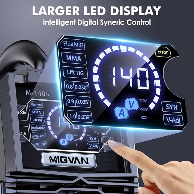 140A Gasless MIG Welder, 110V/220V Dual Votage Welding Machine, Flux Cored MIG/Lift TIG/Stick ARC 3 in 1 MIGVAN Welders Synergic Control with One-Click Wire Feeding, IGBT DC Inverter with LED Display
