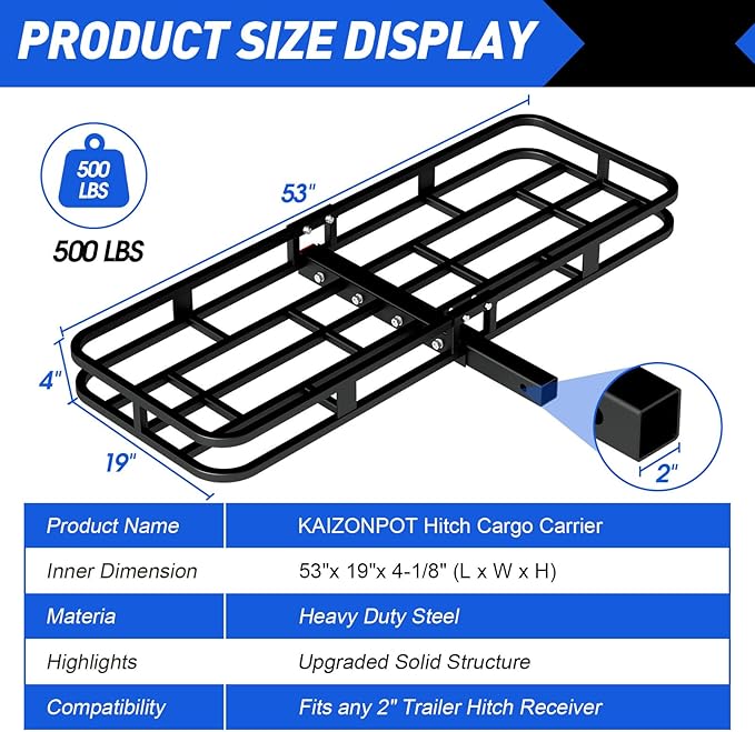 FORWODE 500 LBS Hitch Mount Cargo Carrier Basket, 53"x19"x5" Folding Hitch Cargo Carrier Basket for 2 Inch Receiver, Car Rack Rear Luggage Basket for Car SUV Traveling