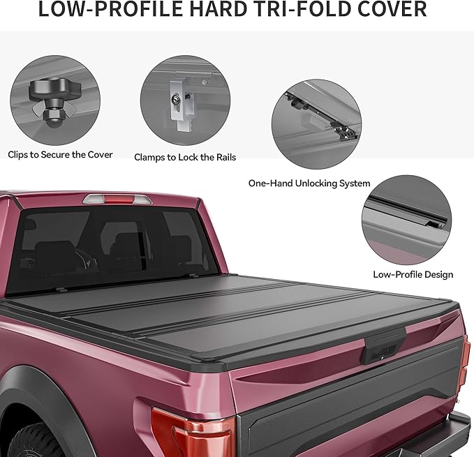 OEDRO Low-Profile Hard Tri-Fold Tonneau Cover Compatible with Toyota Tundra 2022 2023 2024 2025 2026 (Excl. Trail) 5.5ft Bed with Deck Rail System, One-Handed Quick Release, Drainage Design
