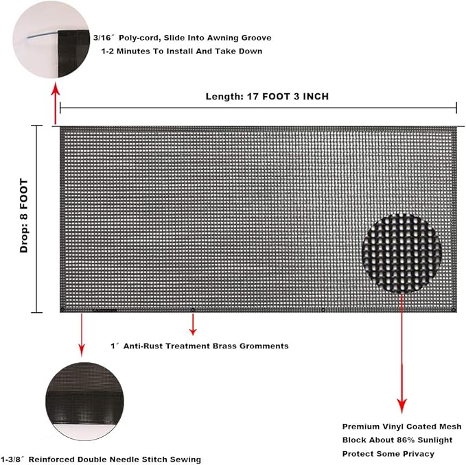 Tentproinc RV Awning Sun Shade Screen 8' X 17' 3'' (Fit for 18' Awning) Mesh Screen Sunshade Motorhome Camping Trailer Awning Shadescreen Sunscreen UV Sunblocker - 3 Year Warranty (Black)