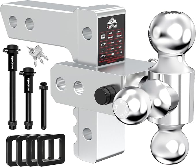 Kingfun Adjustable Trailer Hitch - Drop Hitch 2.5 Inch Receiver, 6 Inch Drop/Rise Tow Hitch, Tri Ball (1-7/8" & 2" & 2-5/16" Balls), 18500 Lbs Gtw, Aluminum Heavy Duty Hitch with Anti-Theft Pins