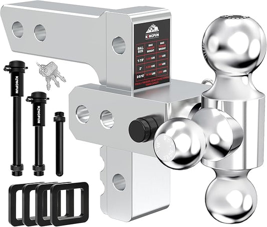 Kingfun Adjustable Trailer Hitch - Drop Hitch 2.5 Inch Receiver, 6 Inch Drop/Rise Tow Hitch, Tri Ball (1-7/8" & 2" & 2-5/16" Balls), 18500 Lbs Gtw, Aluminum Heavy Duty Hitch with Anti-Theft Pins