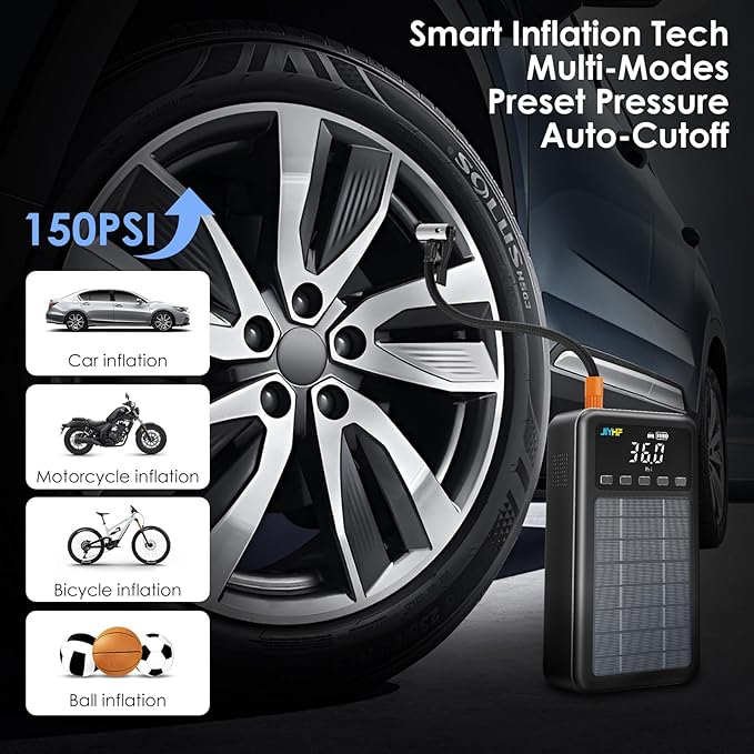 JIYHF 3000A Jump Starter with Air Compressor 150PSI Tire Inflator-12V Lithium Battery 8.0L Gasoline and 6.0L Diesel Engines, Portable Jump Box with Solar Panel and PD 45W Fast Charge