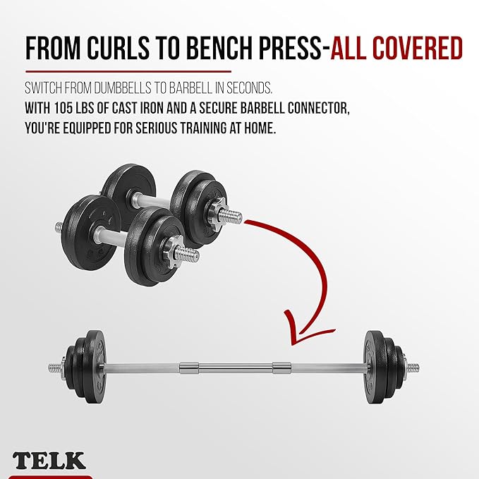 TELK – Adjustable Dumbbell Set – Home Gym Weight Set with Baked Enamel Cast Iron Plates – Space-Saving Free Weights for Strength Training