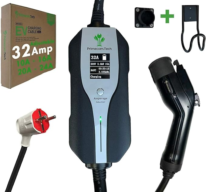 PRIMECOM.TECH Level 2 Electric Vehicle (EV) Charger Amperage Adjustable (10Amp - 16Amp - 20Amp - 24Amp - 32Amp) 30Ft Cable EVSE Plug-in Hybrid (40 FT, European)