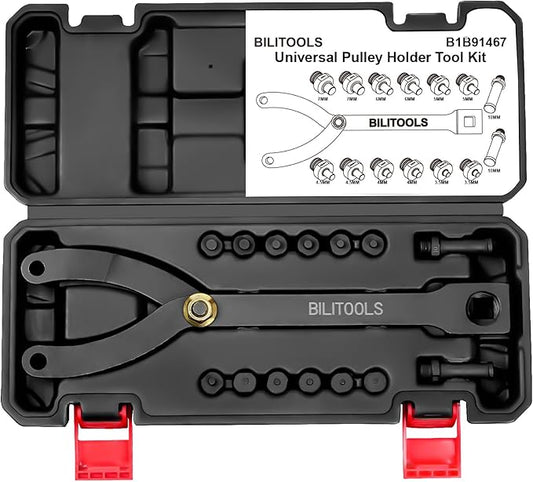 BILITOOLS 15PCS Universal Pulley Holder Tool Kit, 1/2-inch drive ratchet Adjustable Spanner Wrench with Variable Pins 3.5mm, 4mm, 4.5mm, 5mm, 6mm, 6.5mm and 10mm fits Camshaft pulleys.