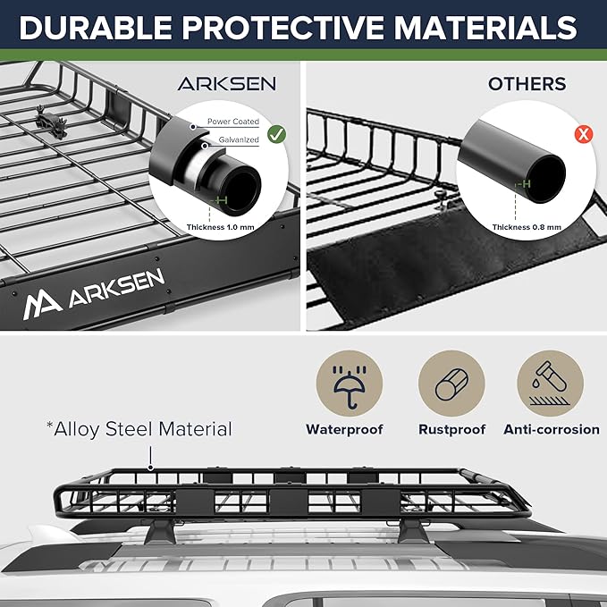 ARKSEN 54 x 39 x 5 Inch Upgrade Universal Roof Rack with Waterproof Bag, Cargo Net&2 Ratchet Straps - 150Lbs Capacity Heavy Duty Rooftop Cargo Carrier with Extension for Car, SUV & Pickup