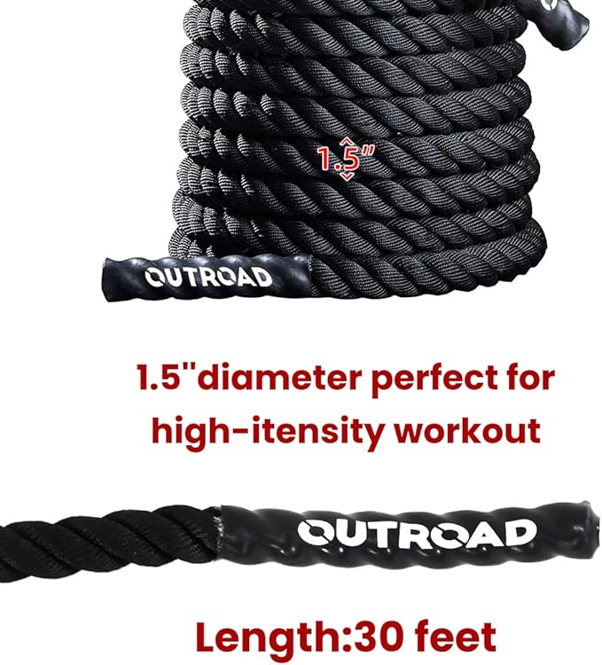 Outroad Battle Rope, 1.5" Diameter 30ft Poly Dacron Workout Exercise Training Heavy Rope, Workout Equipment for Crossfit Training Home Gym & Fitness Exercises, Black and Pattern