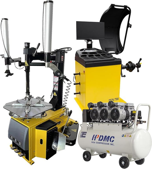 24'' Rim 1.5HP Tire Changer w/Assist Arms and 10''-24'' Rim Tire Balancer Combo and 3HP Oil-Free Air Compressor for Tire Repair and Wheel Balancing Garage Shop Equipment w/ 1 Year Full Warranty