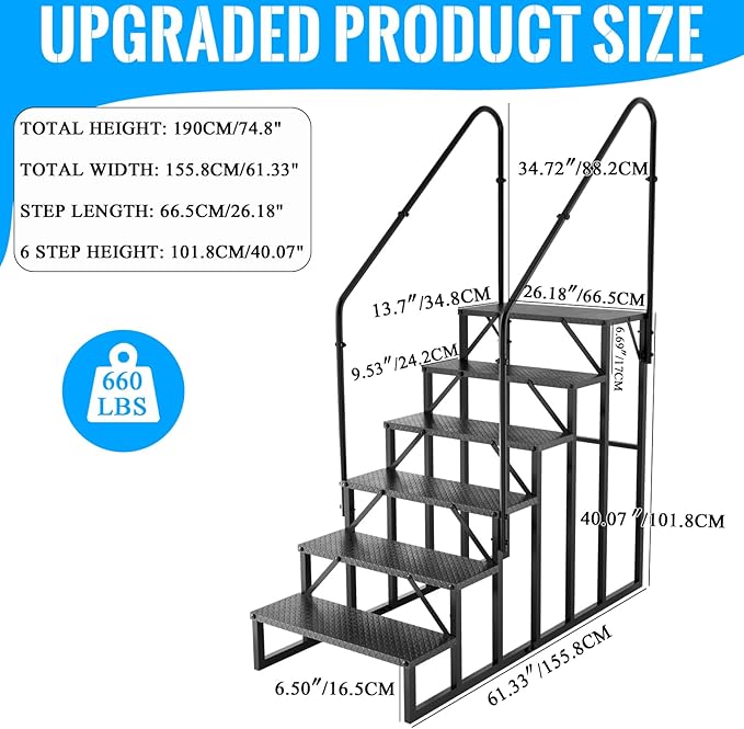 RV Stairs 6 Step Ladder, RV Steps Anti-Slip, Hot Tub Steps with Handrail, 660 lbs RV Ladder for 5th Wheel RV, Mobile Home Stairs(2handrails)