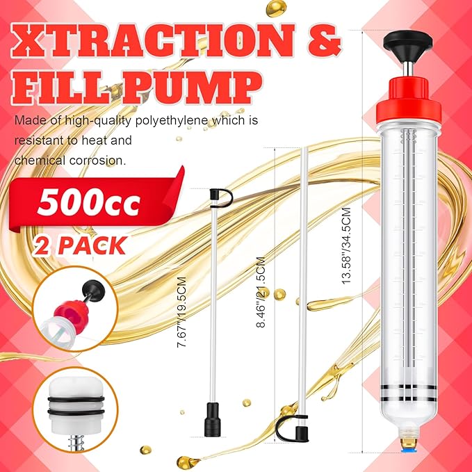 Lothee 2 Pack 500cc Automotive Fluid Extractor Pump Oil Extractor Hand Syringe Pump with Hose Manual Suction Vacuum Fuel Car Transfer for Power Steering, Hydraulic Fluid(Red)