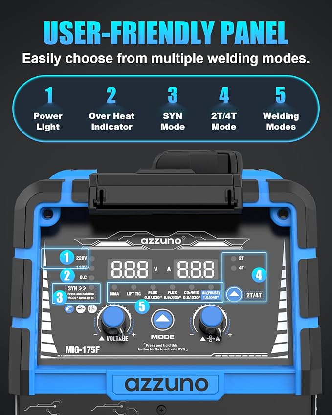 AZZUNO Single PULSE Aluminum MIG Welder Machine 175Amp, 110V 220V 5-in-1 Multiprocess Welding Machine with PULSE Aluminum MIG/Flux MIG/Gas MIG/Stick/Lift TIG Welding, Wire Feed Welder