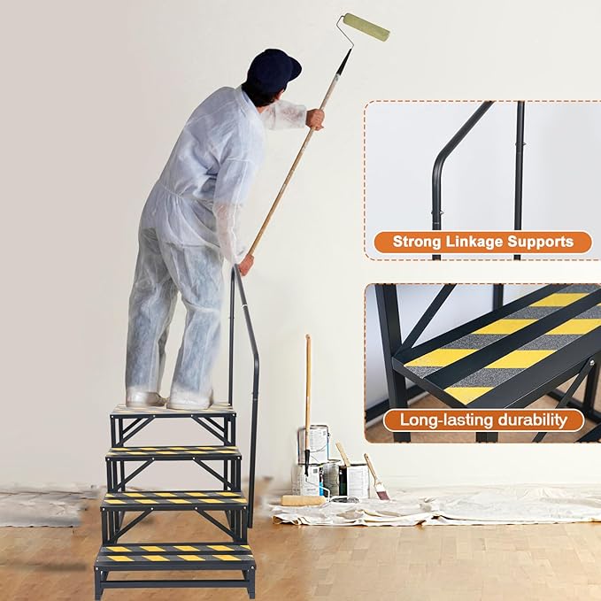 4 Step RV Stairs, Hot Tub Steps, Outdoor Spa Step Ladder with Handrail,Portable Economy 5th Wheel Stair for Travel Trailer, Motor Home, Camper and Porch with Non-Skid Tapes