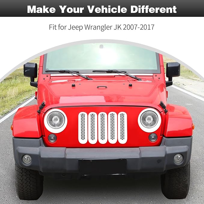 CheroCar for JK Mesh Grille Grill Insert & Headlight Cover Trim Exterior Accessories for Jeep Wrangler JK 2007-2017,White…
