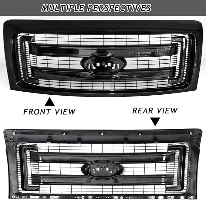 Front Bumper Grille Grill Fit For 2009-2014 Ford F150 F-150 XLT Style Front Hood Upper Grille Guard Cover Replacement For DL3Z8200DA/DL3Z8200CA (Glossy Black)