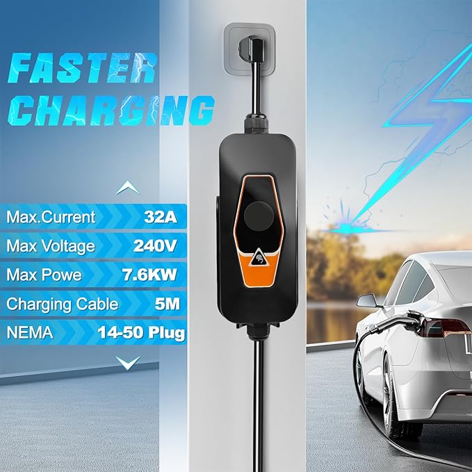 Portable EV Charger Level 2, 32Amp 240V, Electric Vehicle Charger with 16.5FT Cable, NEMA 14-50 Plug, Compatible with SAE J1772 EVs, Scheduled Charging, Adjustable Current