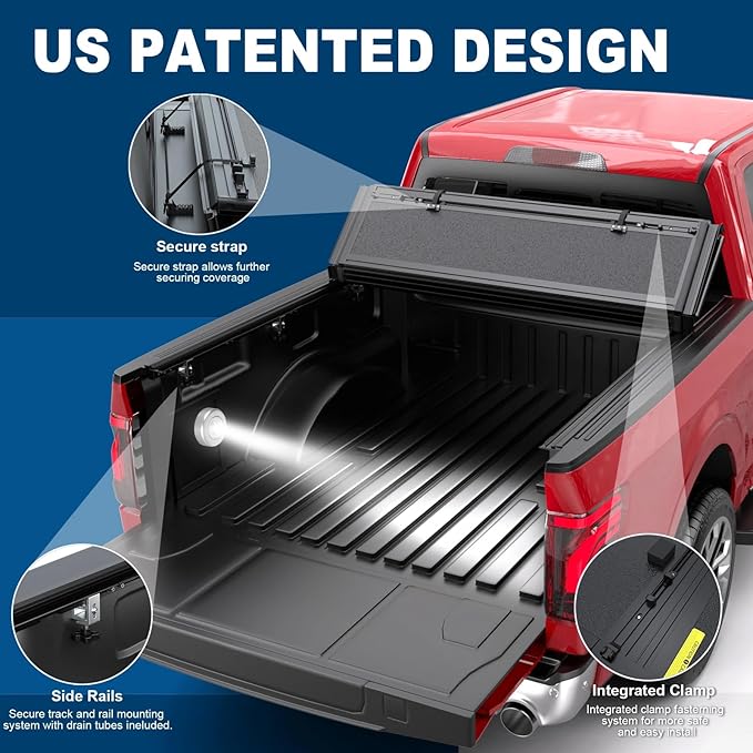 MOSTPLUS Low Profile/Fiberglass Quad Fold Truck Bed Tonneau Cover Hard Folding Compatible with Ford F150/F250/F350 2004-2025 5.5ft/6.5ft