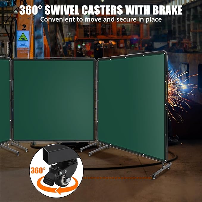 3 Panel 6x6 FT Vinyl Welding Screen with Frame, Flame-Resistant PVC Welding Curtain with Lockable Swivel Wheels, Transparent Welding Screen Panel for Welding Safety, Green