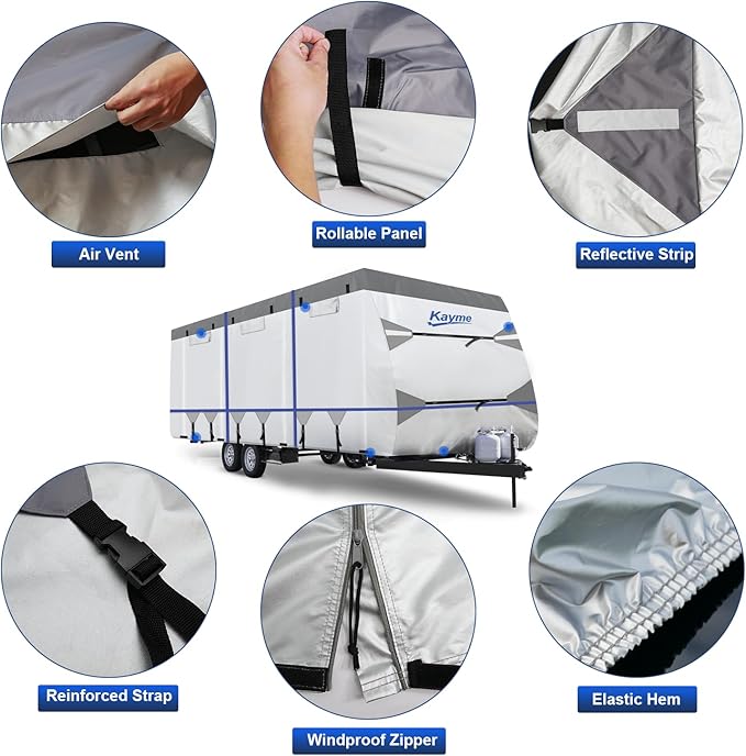 Kayme RV Cover for 28-31ft Travel Trailers, 300D Oxford Heavy Duty Waterproof Camper Cover with Zipper Door.Windproof, UV Protection, Snowproof.Includes 4 Tire Covers, Jack Cover & Wind Straps