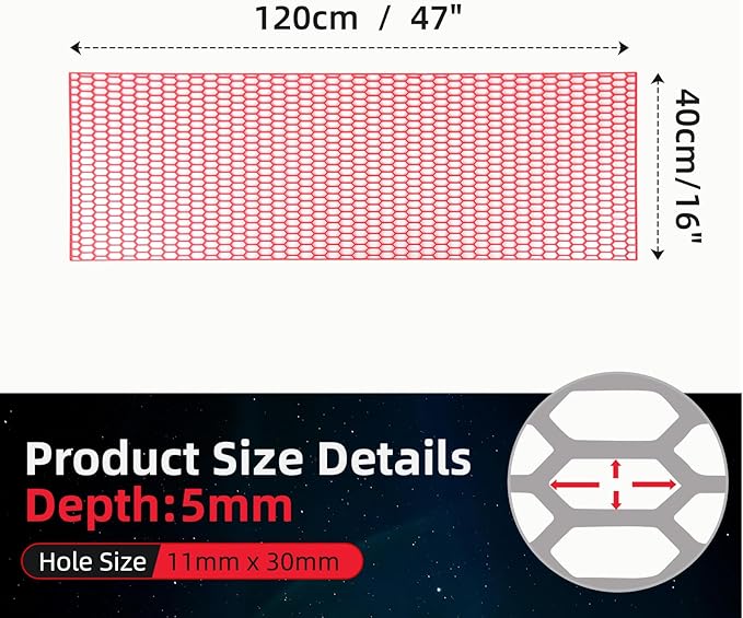AggAuto 47"x16" ABS Plastic Universal Car Grill Mesh, Automotive Grille Insert Bumper Honeycomb Hole 11x30mm Hex Grids Red