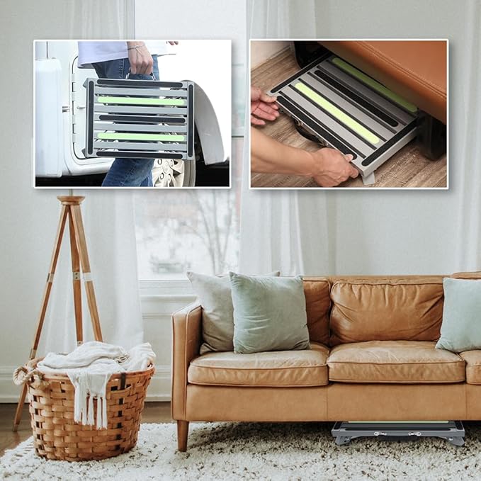 Homeon Wheels Iron RV Steps Adjustable Folding Step Stool with Non-Slip Rubber Feet, Stable Platform Supports 1000bs, Safety Strips, Handle, Easy Carry, Outdoor Camper Trailer Travel - Gray