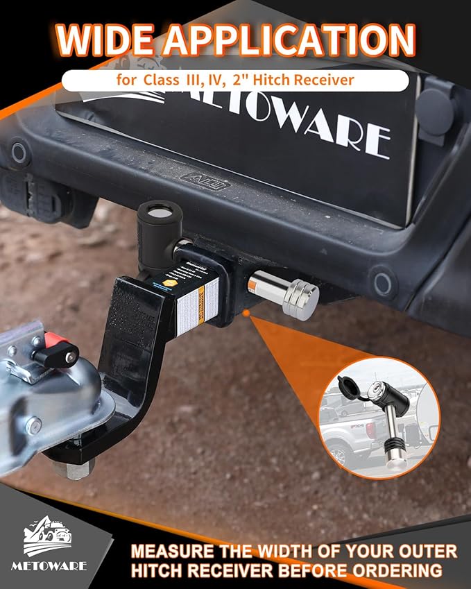 METOWARE Swivel Head Trailer Hitch Receiver Lock, Stainless Steel, 1/2" Diameter Pin Lock with 5/8" Adapter, 2-3/4" Pin Fits 2" Receiver, Class III & IV