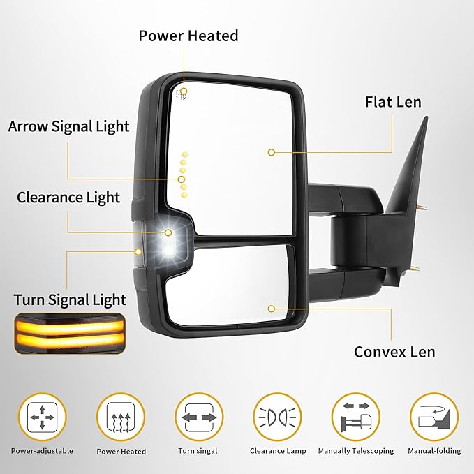 DWVO Towing Mirrors Compatible with 03-06 Silverado Sierra 1500 2500 HD 3500 Escalade Suburban Tahoe Yukon, Turn Light Running Lights Power Heated Manually Folding Switchback