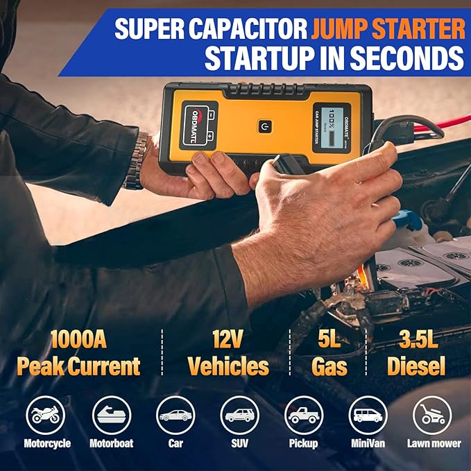 Car Jump Starter 1000A, Super Capacitor Jump Starter Non-Battery for 12V Gas Diesel Engines, 12V Portable Jump Starter for Car Battery, Yellow