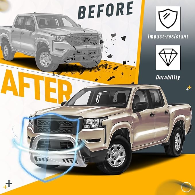 KUAFU Front Bull Bar Compatible with 2022 2023 2024 2025 Nissan Frontier Pickup Truck 3” Front Bumper Brush Grille Grill Guard Stainless Steel Polishing Silvery
