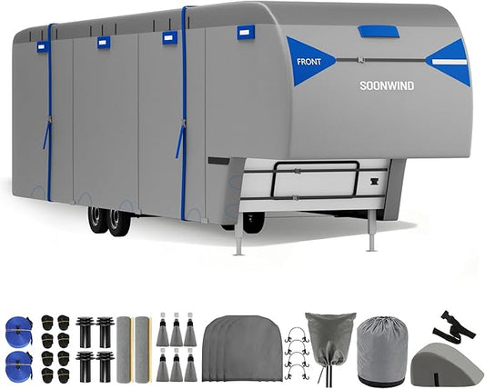 Heavy Duty 7 Layers 5th Wheel RV Cover, Camper Cover & Travel Trailer Cover 37-40ft, Waterproof Windproof All-Weather Protection with Gutter & Tongue Jack Covers Reinforced Straps - Blue