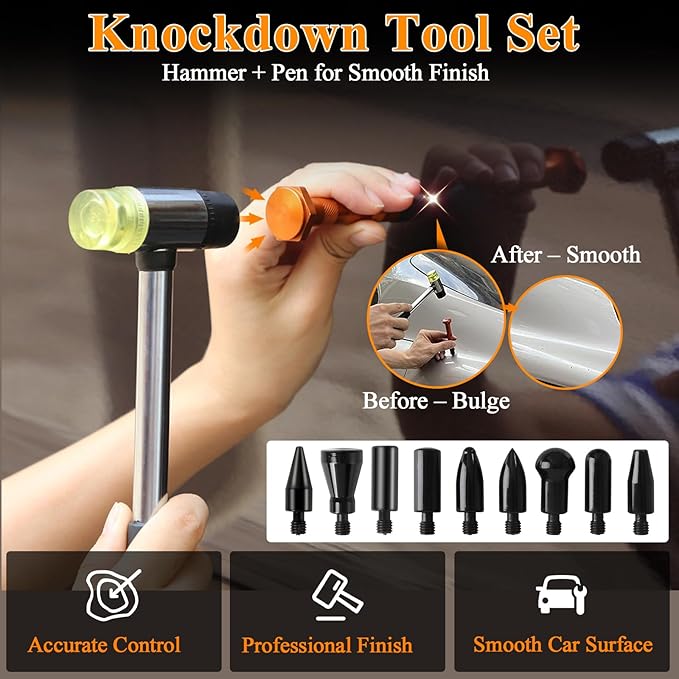 Car Dent Puller Kit with Slide Hammer & Suction Cups – 132pc PDR Tools for Auto Body & Hail Dent Repair – DIY Car Dent Repair Kit with Glue Gun, Rubber Hammer & Trim Tools