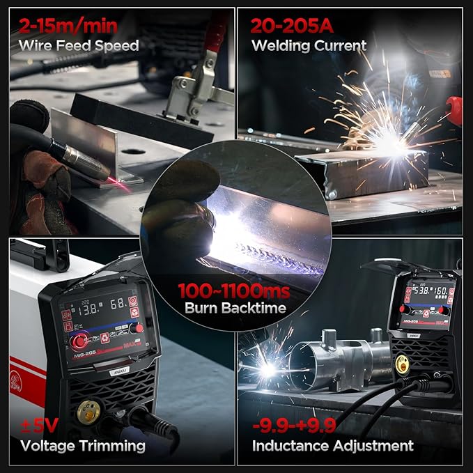 ANDELI 205A MIG Welder, [Large LED Display] 6-In-1 Multi Process Gas MIG/Flux Core MIG/Spool Gun MIG/Spot welding/Lift TIG/Stick Aluminum MIG Welding Machine，110/220V Dual Voltage Welder Machine