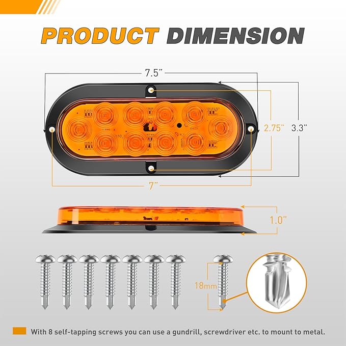 GOOACC 6 Inch Oval Tail Light 2 PCS Amber 10 LED Turn Signals Lights Surface Mount IP67 Waterproof for Trailer Truck RV Tractor Lorry Camper Van