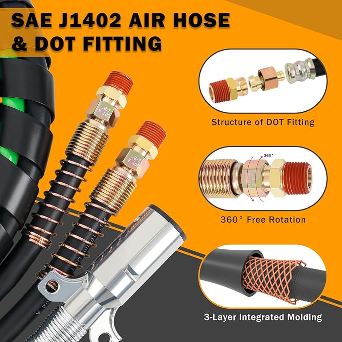 15 FT Semi Truck Air Lines Kit 3IN1 Trailer Cord and Air Brake Hoses Assembly without Rubber Gladhand Handles for Semi Truck Trailer Tractor