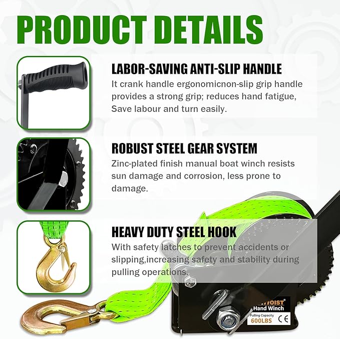 600lbs Boat Trailer Winch with 19.6FT Nylon Strap, 2-Way Ratchet & 3.2:1 Gear Hand Winch, Manual Operated Hand Crank Winch for Trailer, Boat or ATV