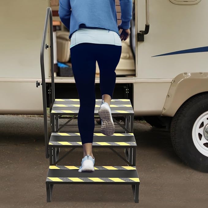 Hot Tub Steps with Single Sided Handrail, Premium RV Steps with Reflective Strips & Mounting Holes On Both Sides, 3 Step RV Stairs for RV, Camper, or Travel Trailer