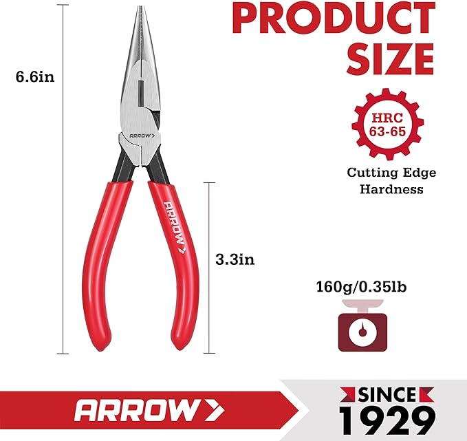 ARROW 6" High Leverage Needle Nose Pliers with Side Cutters, Long Nose Pliers for Gripping, Wire Bending, Cutting