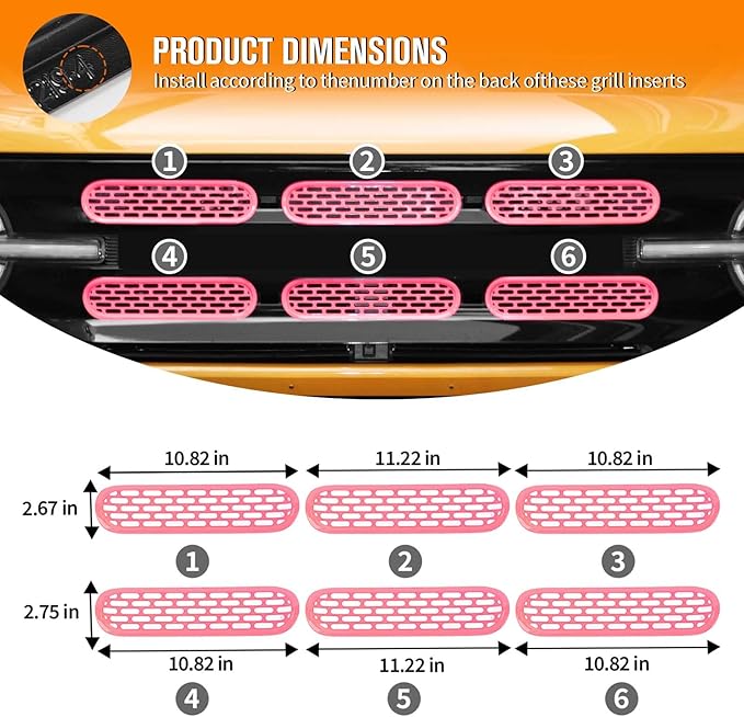 Jimen Compatible with Ford Bronco 2021-2023, 6PCS Front Grille Inserts Mesh Grill Cover Exterior Trim Accessories (Pink)
